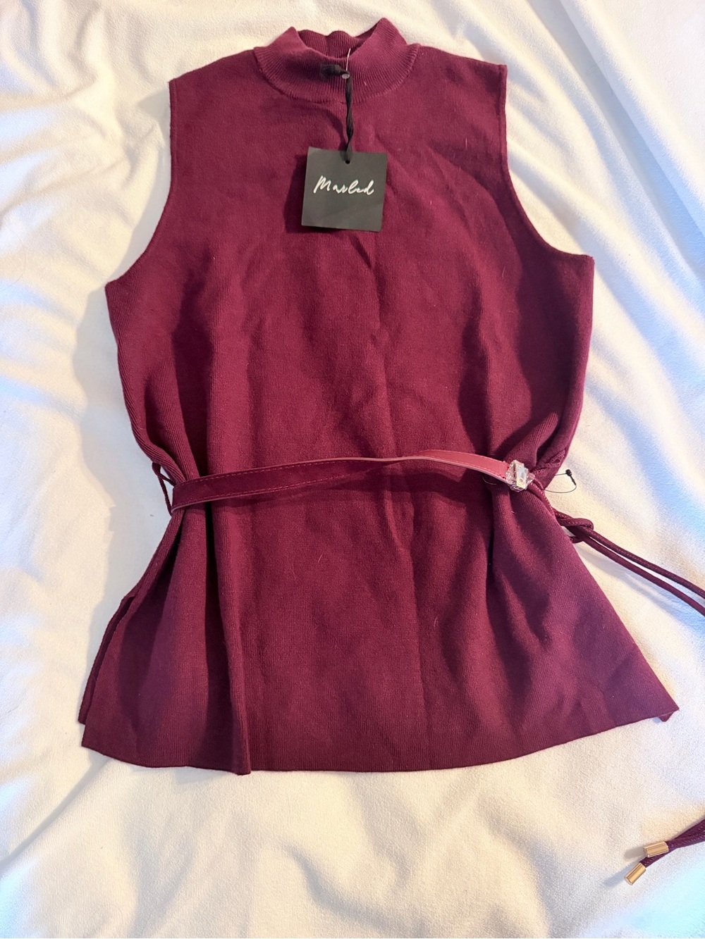 NWT Marled Sleeveless Mock Neck Deep Wine Tie Belt Knit Top Size S